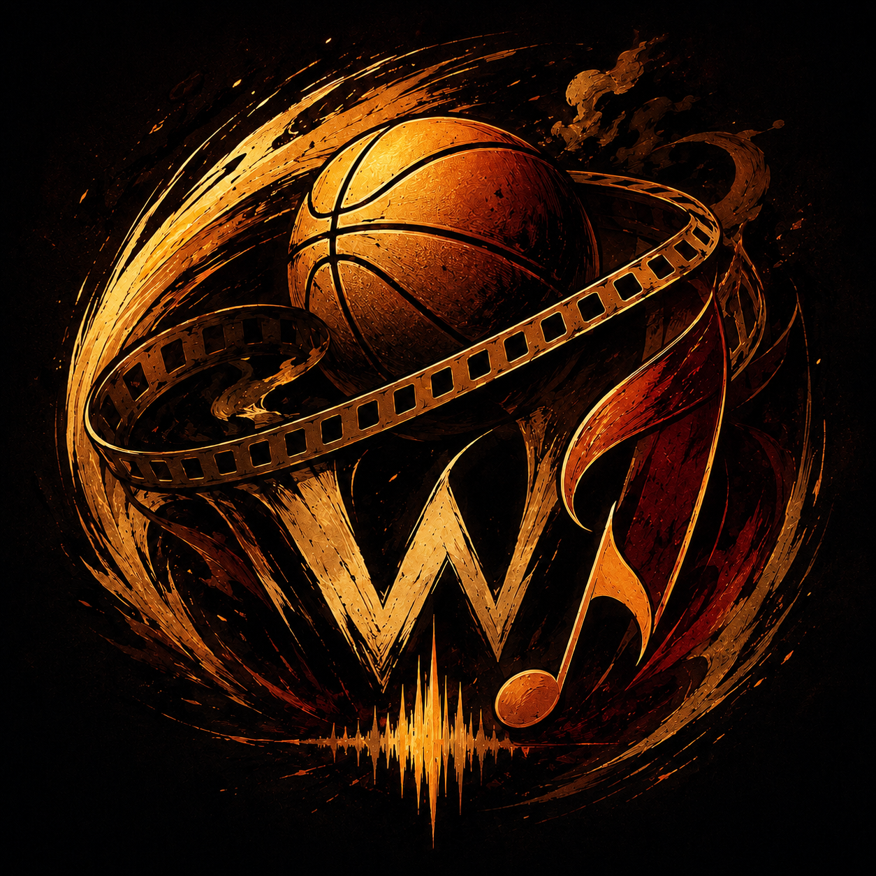 Warm illustrated emblem combining a subtle W with film, music and basketball motifs